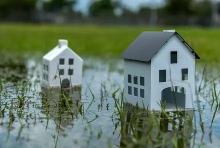 Zwei Häuser stehen auf einer mit Wasser überfluteten Wiese